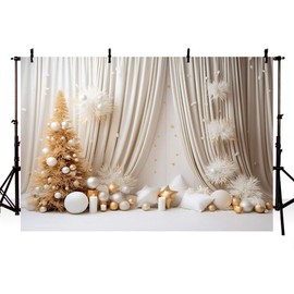 MEHOFOND 7x5ft Winter Backdrop White Indoor Christmas Golden Ball Gift Christmas Tree Photography Background Adult Kids Portrait Home Decoration Banner Studio Supplies