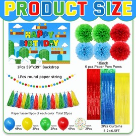 Gaming Party Decorations for Boys, Super Brother Birthday Party Supplies includes Backdrop Banner Balloons Tassels Paper Pompoms Video Game Themed Decorations