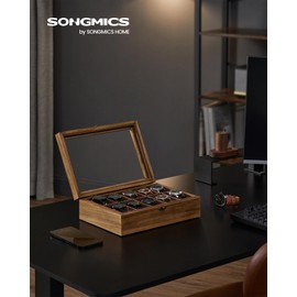 SONGMICS 10-Slot Watch Box, Watch Display Case with Large Glass Lid, Removable Watch Pillows, Velvet Lining, Gift Idea, Rustic Walnut UJOW100K01