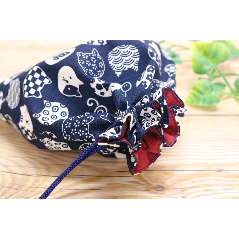 Keisui Drawstring Bag, Accessory Mini Cat Japanese Pattern, Cotton, Made