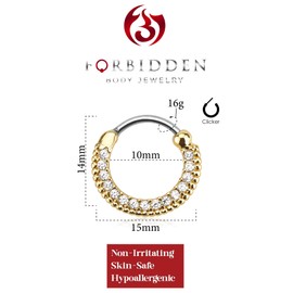 Forbidden Body Jewelry 16g 10mm Rounded Top Pave Lined CZ Crystal Clicker Hoop for Septum and Cartilage Piercings, Metal, cubic-zirconia
