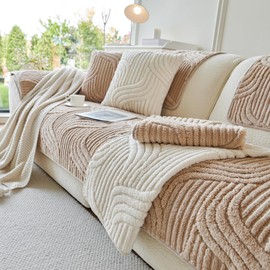 tianxinbaobei Sectional Sofa Covers Washable, Plush Stripe Couch Cover for Sofas, Non Slip Couch Cover for 3-4 Cushion Couch, L Shaped Sofa Slipcover for Pet Dog Furniture Protect(1PC,35"x83",Khaki)