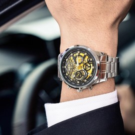 Mens Watches, Upgraded Gear Design Mens Skeleton Watch Chronograph Luxury Diamond Dress Business Analog Quartz Wrist Watch for Men 30M Waterproof Luminous Moon Phase Unique, Steel splitter black,