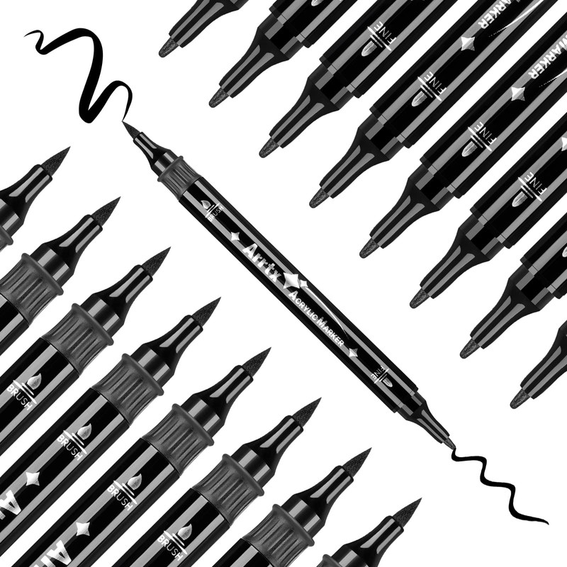 Arrtx Black Acrylic Paint Pens - 8 Pack Brush Tip