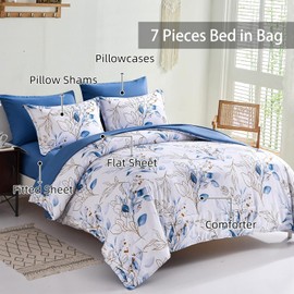 WONGS BEDDING 7 Pieces Blue Floral Bed in a Bag King, Botanical Comforter Set Reversible Blue Gold Leaves Bedding Set King (1 Comforter,2 Pillowcase,2 Pillow Shams,1 Flat Sheet,1 Fitted Sheet)