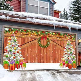 Rustic Christmas Garage Door Cover 7 x 16 Ft Christmas Garage Banner Wood Texture Board Door Cover Large Yard Banner for Party Decorations Outdoor House Wall Decor