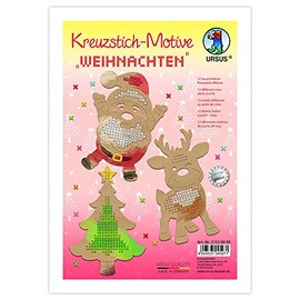 Ursus 21530099 Cross Stitch Motifs Christmas, 12 Christmas Embroidery Pictures for Children, Made of Brown Kraft Cardboard, Approx. 14 x 20 cm, Natural
