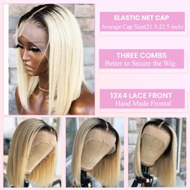 Valiilo 1b613 Ombre Blonde Bob Wig Human Hair Dark Roots 13x4 HD Lace Front Wigs Human Hair Pre Plucked with Baby Hair Glueless Bob Wig Human Hair 180% Density 8 Inch