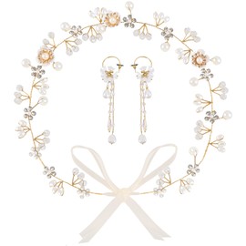 Framendino, Rhinestone Pearl Flower Headband Bride Head Bands with Earrings Bridal Wedding Hair Band for Women Party