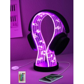 CoolGift Mart Light Up Headphone Stand with 16 Color Lights, Music Notes Pattern Acrylic Headset Stand with 1 USB and 1 Type-C Charging Ports, Gifts for Gamers Men and Music Lovers