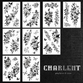 CHARLENT Large Flower Temporary Tattoos for Women-33 Pcs Realistic Black Flower Rose Fake Tattoos for Women Body Art Arm Chest Legs Shoulder Abdomen