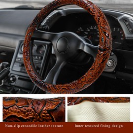 NYTKL Leather Car Steering Wheel Cover, 15" Crocodile Pattern Anti Slip Car Wheel Wrap with Rose Grain, Four Seasons Universal Auto Steering Wheel Protector for Cars Trucks SUVs (Brown)