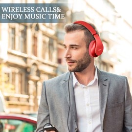 TUINYO Wireless Headphones Over Ear, Bluetooth Headphones with Microphone, Foldable Stereo Wireless Headset- (RED)