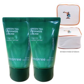Innisfree Green Tea Ceramide Cream Tube 50ml x 2 + Play Green Cosmetic Pouch (Yellow) / 이니스프리 그린티 세라마이드 크림 튜브 50ml 2개+플레이그린 화장품 파우치(옐로우)