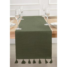 PurpleEssences Solid Ribbed Woven Table Runner Spring Summer Easter Farmhouse Dining Room 14 x 90 Inch - Olive Green