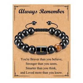 Initials Bracelet for Men Letter Beaded Bracelet Black Onyx Tiger Eye Stone Bracelet Adjustable Name Bracelet Birthday Gifts for Friends Boyfriend Husband (L:Initials Bracelet)