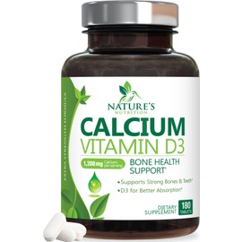 Calcium Supplement 1200 mg - with Vitamin D3 for Best Absorption - Supports Immune Health, Bones & Teeth - Nature's Calcium Carbonate + 1600 IU of D3 - Bottled in USA for Women & Men - 180 Tablets