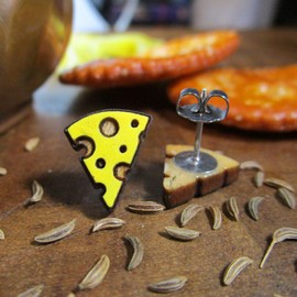 Little Yellow Swiss Cheese Slice Wedge Stud Earrings, Funny Mouse Charcuterie Wood Food Jewelry