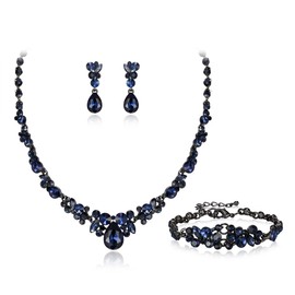 Ever Faith Bridal Jewelry Set for Bride, Elegant Crystal Teardrop Costume Prom Party Necklace Dangle Earrings Bracelet Sets for Women Sapphire Blue Black-Tone