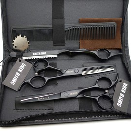Juego de tijeras de corte de pelo de 12,7 cm con estuche de tijera de piel para cortar el pelo, tijeras de adelgazamiento de pelo para personal y profesional (negro)