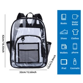 Houkary Clear Backpack See Through Bag Waterproof Transparent Bag PVC Clear Daypack Large Capacity School Backpack with Adjustable Straps for Work Travel Concert Sports, Unisex (42 x 33 x 15cm) Black