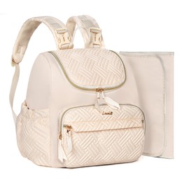 LASUK Diaper Bag Small Diaper Backpack, Stylish Quilted Baby Backpacks, Mini Maternity Bags, with Changing Pad, Pacifier Case & Stroller Straps, Parents Essentials Diaper Bag, Light Beige
