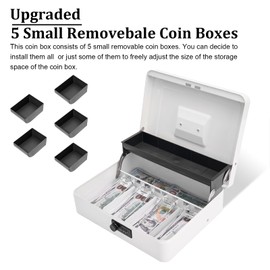 Polspag Cash Box with Combination Lock, Metal Money Box with Cash Tray, Lock Safe Box, 4 Bill/5 Coin Slots, 11.8L x 9.5W x 3.5H Inches, White