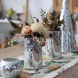 WDHODEC 6 Pcs Disco Vases Bulk Silver Mirror Disco Ball Flower Vase Glass Candle Holder for Wedding Table Centerpieces Decoration 6"