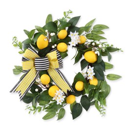 20 inch Spring Summer Wreath, Lemon Wreath for Front Door with Daisy, Bow, Eucalyptus Leaves, White Berries for Indoor Outdoor Wall Festival Home Farmhouse Wedding Decor