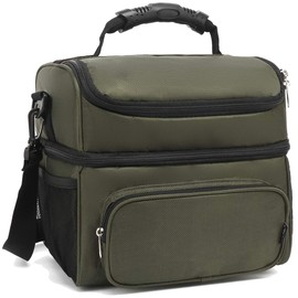 FlowFly Double Layer Cooler Insulated Lunch Bag Adult Lunch Box Large Tote Bag for Men, Women, With Adjustable Strap,Front Pocket and Dual Large Mesh Side Pockets,Army Green