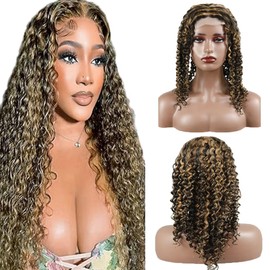 Zeslaerr Kinky Curly Human Hair Wig p1b/27 Ombre Brown Brazilian Remy Hair Wigs 8A Grade 5x5 Lace Front Wigs Glueless Human Hair Pre Plucked With Baby Hair No Shedding And No Tangles 20 Inch