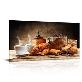 Derkymo Coffee Cup and Coffee Beans Canvas Wall Art Brown Coffee With Bread Picture Print Food Artwork for Home Decor 16"x32"