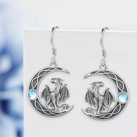 Dragon Earrings 925 Sterling Silver Celtic Moonstone Dragon Dangle Earrings for Women Dragon Jewelry Gifts for Women