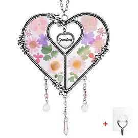 GUOER Heart Suncatcher with Pressed Flower Ornament Stained Glass Wind Chimes with Real Flowers,Birthday for Favorite Person (Grandma)