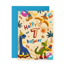 Central 23 Cute 7th Birthday Card For Kids - Dinosaur Birthday Card For Boys 7 Year Old - Happy Seventh Birthday - Age Seven - Gifts For Son Grandson Brother - Comes With Stickers
