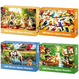 BraniacBits 4 Packs 100 Piece Puzzles for Kids Ages 4-6 6-8 8-10, Dogs Cats Farms Birds Educational Jigsaw Puzzles, Kids Puzzles 5-8 Gifts for Girls Boys Adults Seniors 15x11in