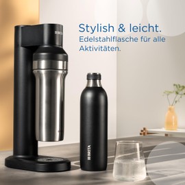 BRITA Edelstahlflasche schwarz für sodaTRIO Wassersprudler (1l) – isolierte & doppelwandige Premium Edelstahl Flasche mit stylischem Silikonring am Verschluss für rutschfestes Handling