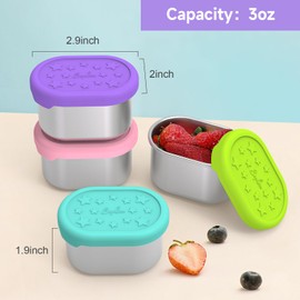SOPHICO Stainless Steel Snack Containers for Kids, 3 oz Small Food Storage Container with Silicone Lid - Perfect 304 Metal Toddler Lunch Box for Daycare and School, Leak Proof (3oz, 6 PACK)