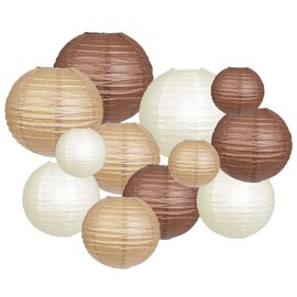 ZYOOO Pack of 12 Brown Paper Lanterns, Boho Lanterns, Round Lampshade, Set of 3 Colours, 25 cm, 20 cm, 15 cm, Lanterns, Wedding, Bridal Shower, Birthday Party, Autumn Garden Party Decoration
