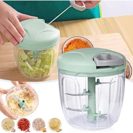 Picadora Manual con Cuerda, Para todo tipo de Alimentos, 900ml Picador de Verduras Manual, Mini Picadora Cebolla con 3 Cuchillas de Acero Inoxidable, 