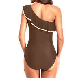 Tempt Me Women Brown White One Piece Swimsuits Tummy Control One Shoulder Bathing Suits Ruffle Swimwear Medium