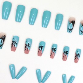 Summer Press on Nails Medium Coffin Fake Nails with Pink Beach Coconut Tree Design Glue on Nails Blue Full Cover Nails Press ons Glossy False Nails Artificial Stick on Nails for Women Girls 24Pcs