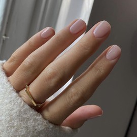 KQueenest Acrylic Press on Nails Short Square, Dusty Pink False Nails Short Coffin, Glossy Natural Solid Color Small Fake Nails Set, Reusable Gel Stick on Nail for Women Finger Daily Wear 24 Pcs