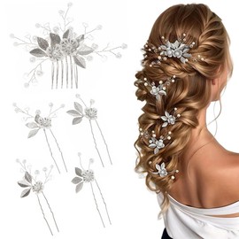 QKEPCY Women's Hair Clips Leaf Shape Pearl Golden Flowers Silver Delicate Elegant Hypoallergenic Suitable for Weddings Parties Shows