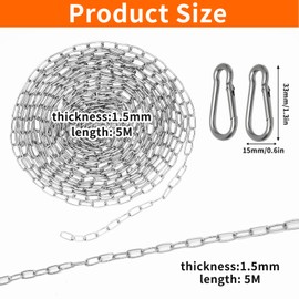TMZELOA Edelstahlkette Meterware 1.5mm, 6m Stahlkette Gliederkette Edelstahl mit Karabiner zum Aufhängen Kette für Hundekette, Ankerkette, Wäschekette Metallkette Schwenkkette Garten Sicherungskette