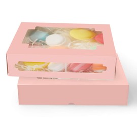 qiqee 36Packs Auto-pop Pink Cookie Boxes for Gift Giving 8x5.3x2 inch One Second Folding Pink Bakery Box with Window Treat Box for Donuts Candies and Biscuit