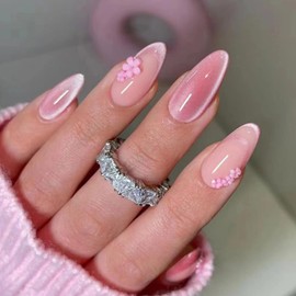 Pink Gradient Press on Nails - Pink Flower Stereoscopic Embossed Tip French,Medium Fake Nails Kit with 24 Nails,24pcs jelly glue stickers,1pcs mini nail file,1pcs wooden stick （Nails for Women Girls）