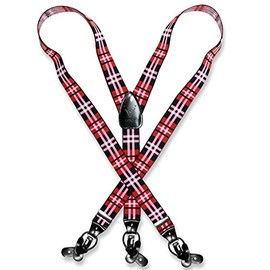 Men's PLAID Design BLACK RED WHITE SUSPENDERS Y Shape Elastic Buttons & Clips