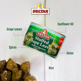 Sultan vegetarian Stuffed Grape Leaves, Precooked Premium Dolma, Dolmades. Perfect for Mezze platter, Serve hot or Cold, Appetizer or Entree! 14 oz