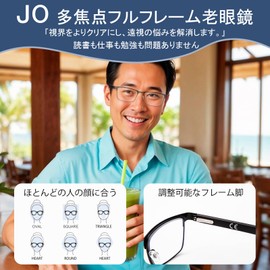 [JO] 老眼鏡 累進多焦点 度数調整付き メガネ 遠近両用 老眼鏡 ブルーライトカット UVカット メンズ おしゃれ 高級眼鏡 超軽 快適 ボックス はんわく HD リーディンググラス メタルフレーム眼鏡 グレー 1.5